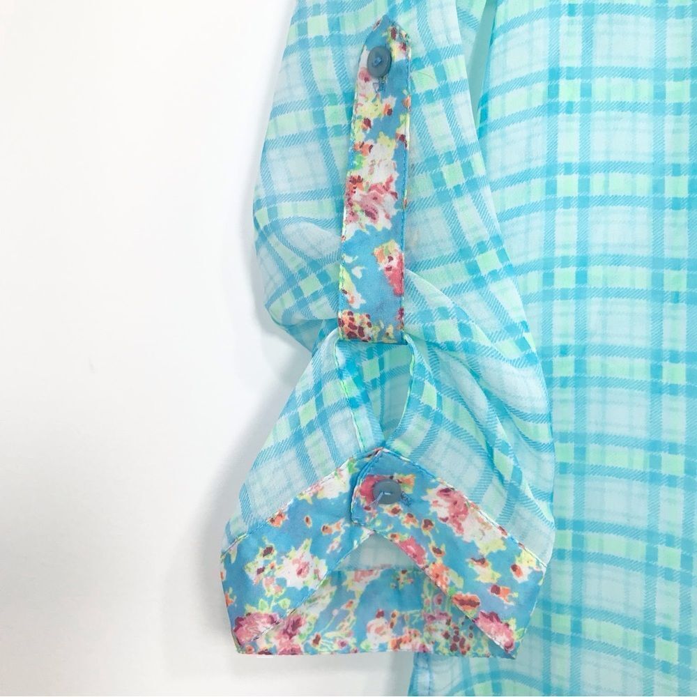 Truth Plaid Floral Teal Semi Sheer Button Down Cottagecore Blouse - Picture 10 of 13